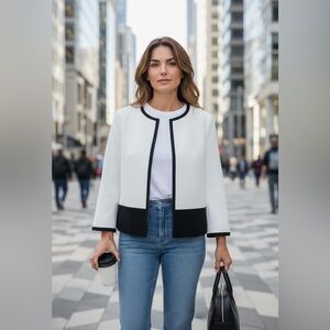 Talbots White With Black Trim Collarless Open Front Blazer 14P NWT